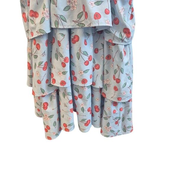 Belle Pogue Women's Baby Blue & Red Cherry Print Poly/Spandex Retro Lined Halter - Picture 10 of 13